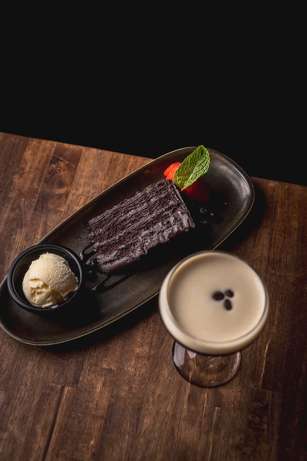 Chocolate cake with vanilla ice cream